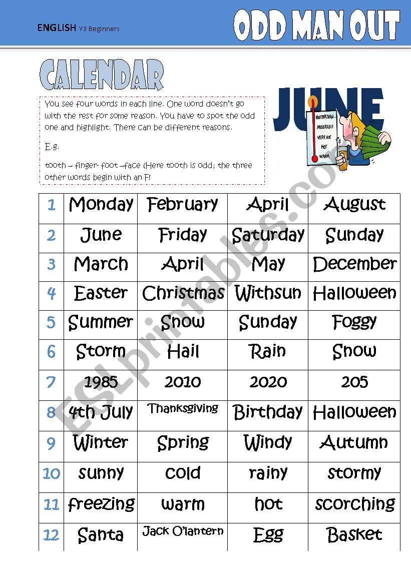 Odd One Out  -CALENDAR worksheet