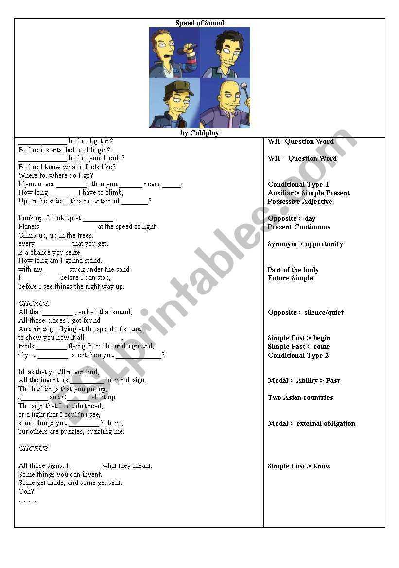 Coldplay. Speed of sound worksheet