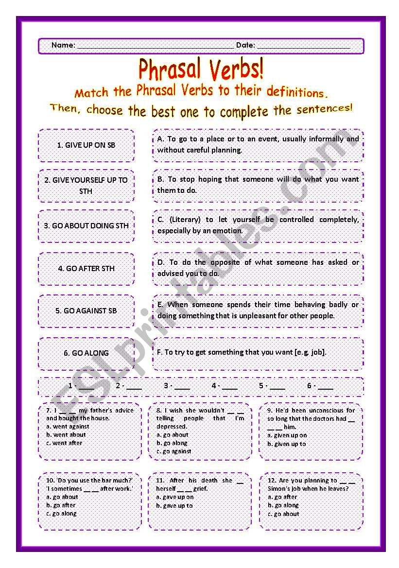 > Phrasal Verbs Practice 60! > --*-- Definitions + Exercise --*-- BW Included --*-- Fully Editable With Key!