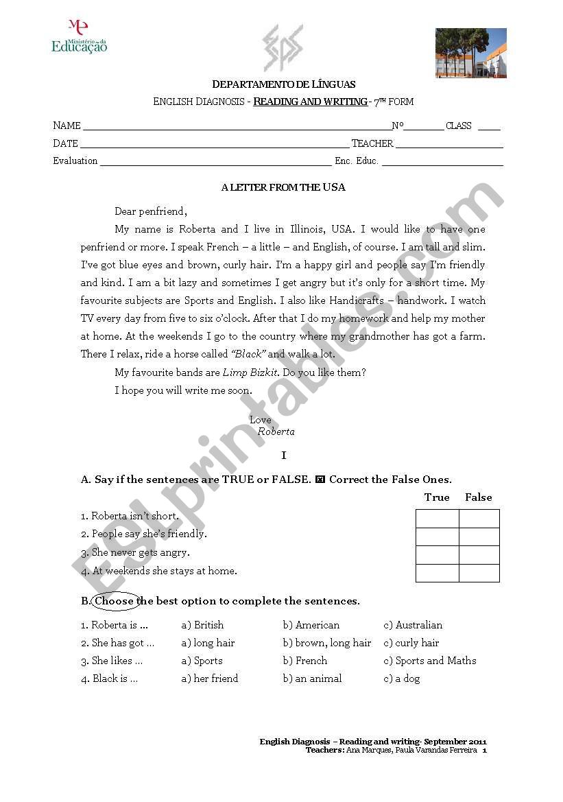 Reading and Writing Diagnosis Test