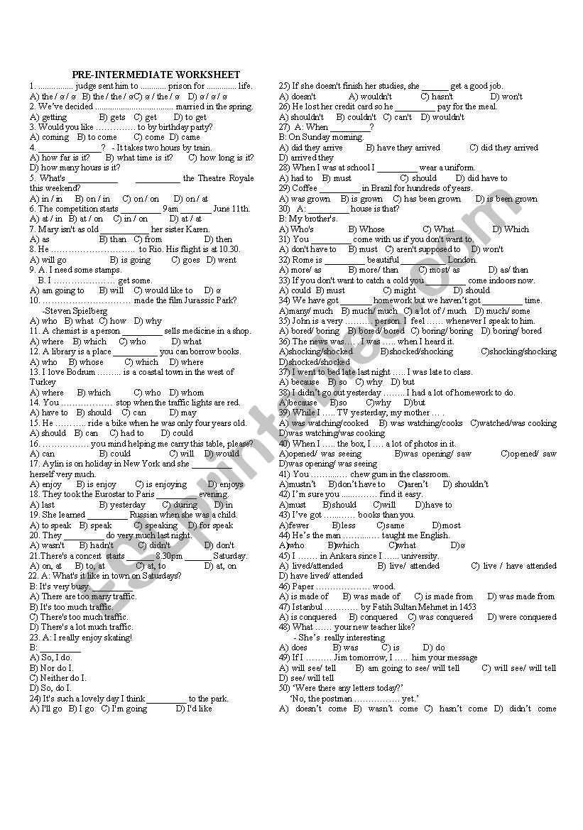 pre-ntermediate worksheet