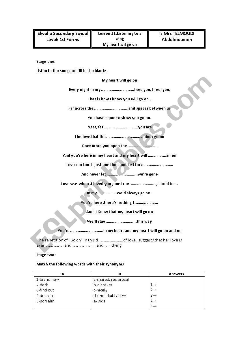 listen to a song worksheet