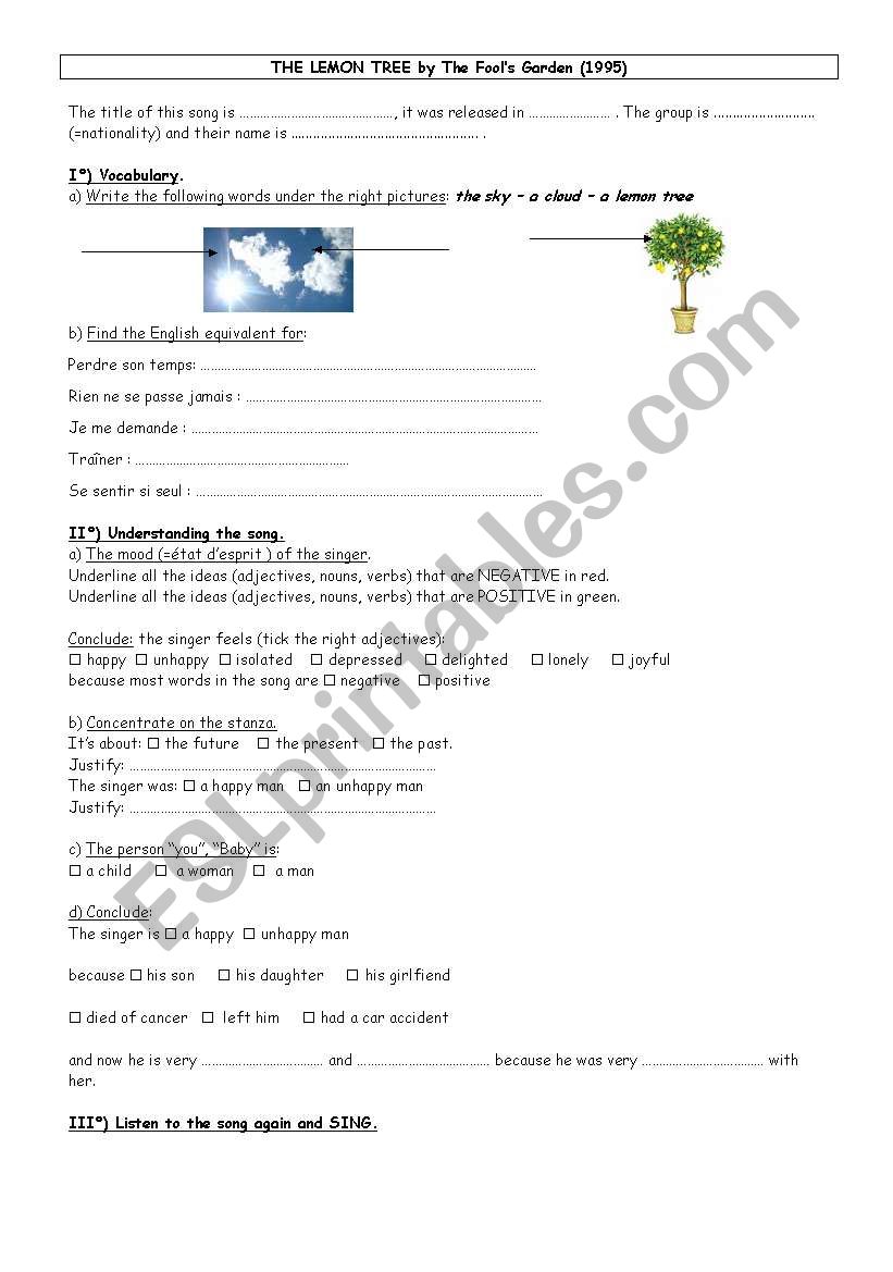 Worksheet_Lemon Tree_by Fools garden