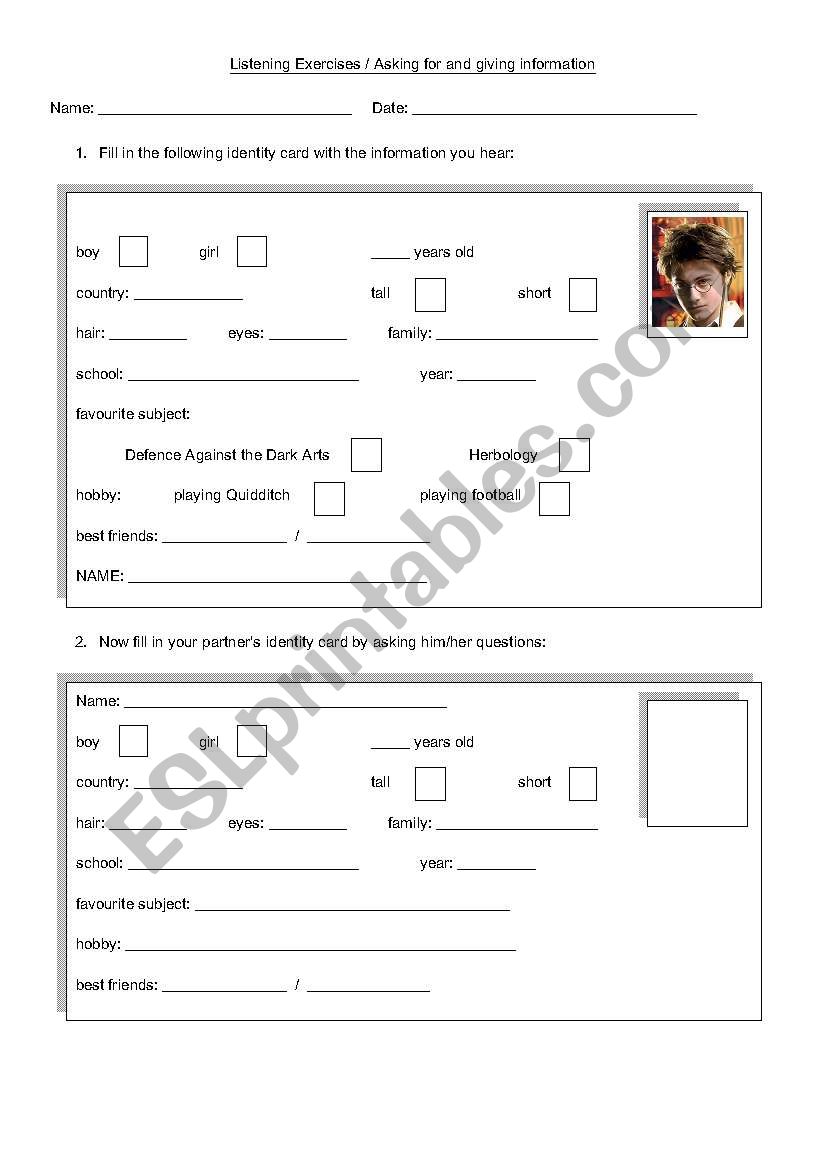 Harry Potters personal id worksheet
