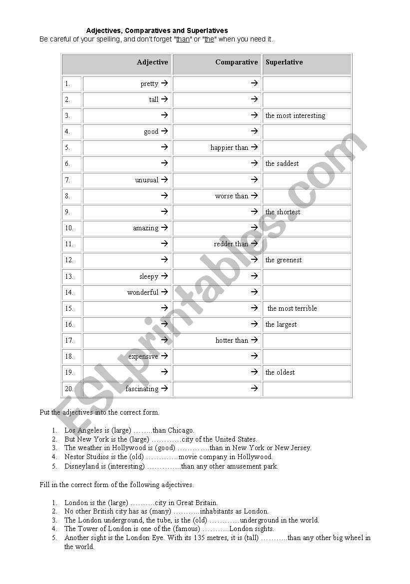 Comparatives and superlatives worksheet