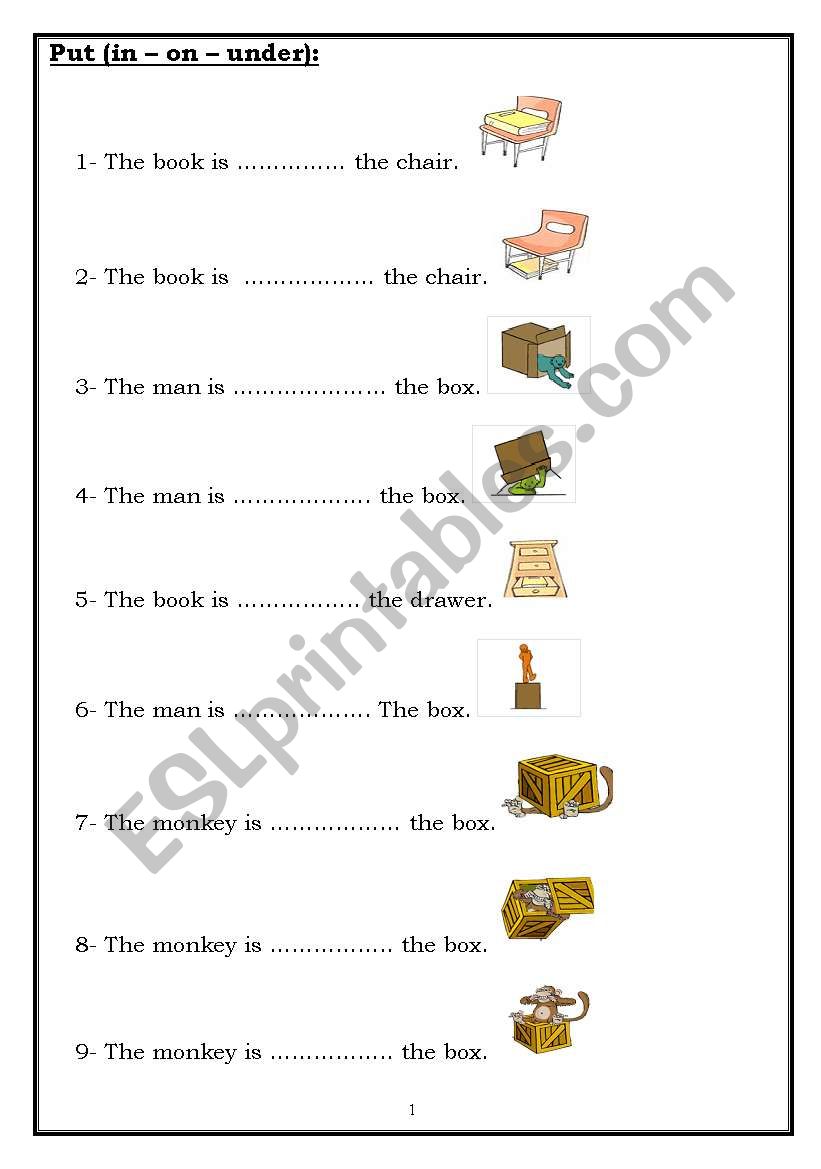 Put (in â€“ on â€“ under): worksheet