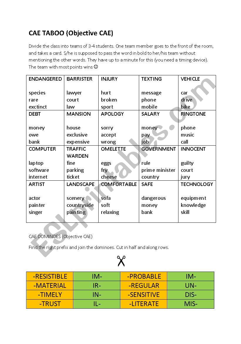 Taboo game and prefix dominoes CAE