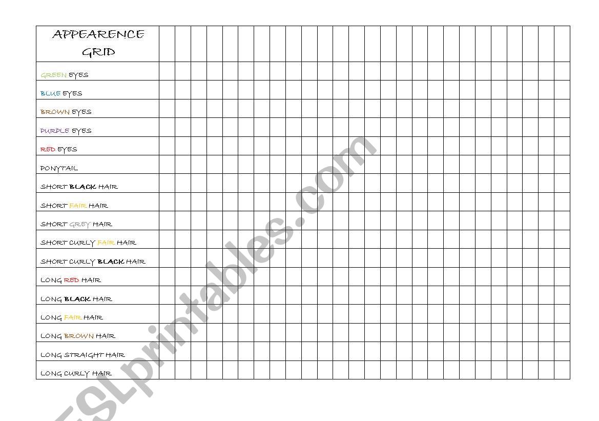 Appearence bingo  grid 3/3 worksheet