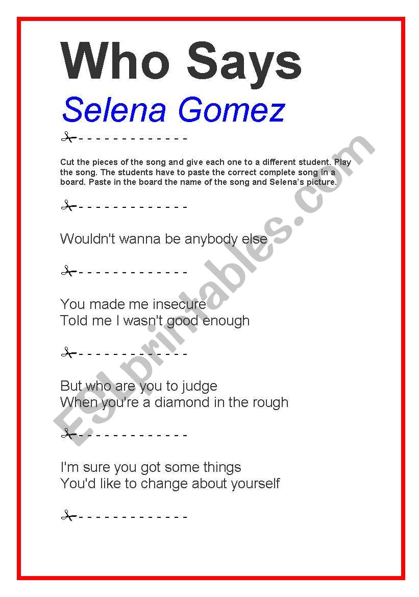 SONG WHO SAYS - SELENA GOMEZ worksheet