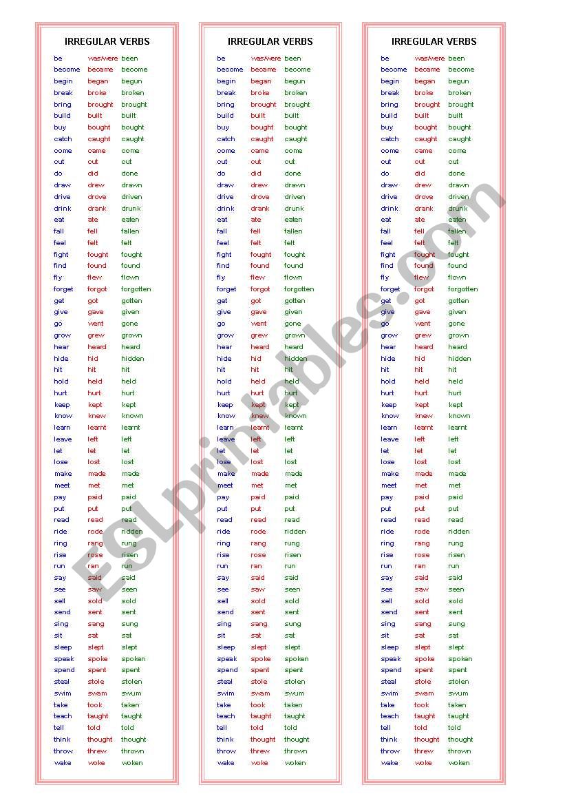 Irregular Verbs bookmark worksheet