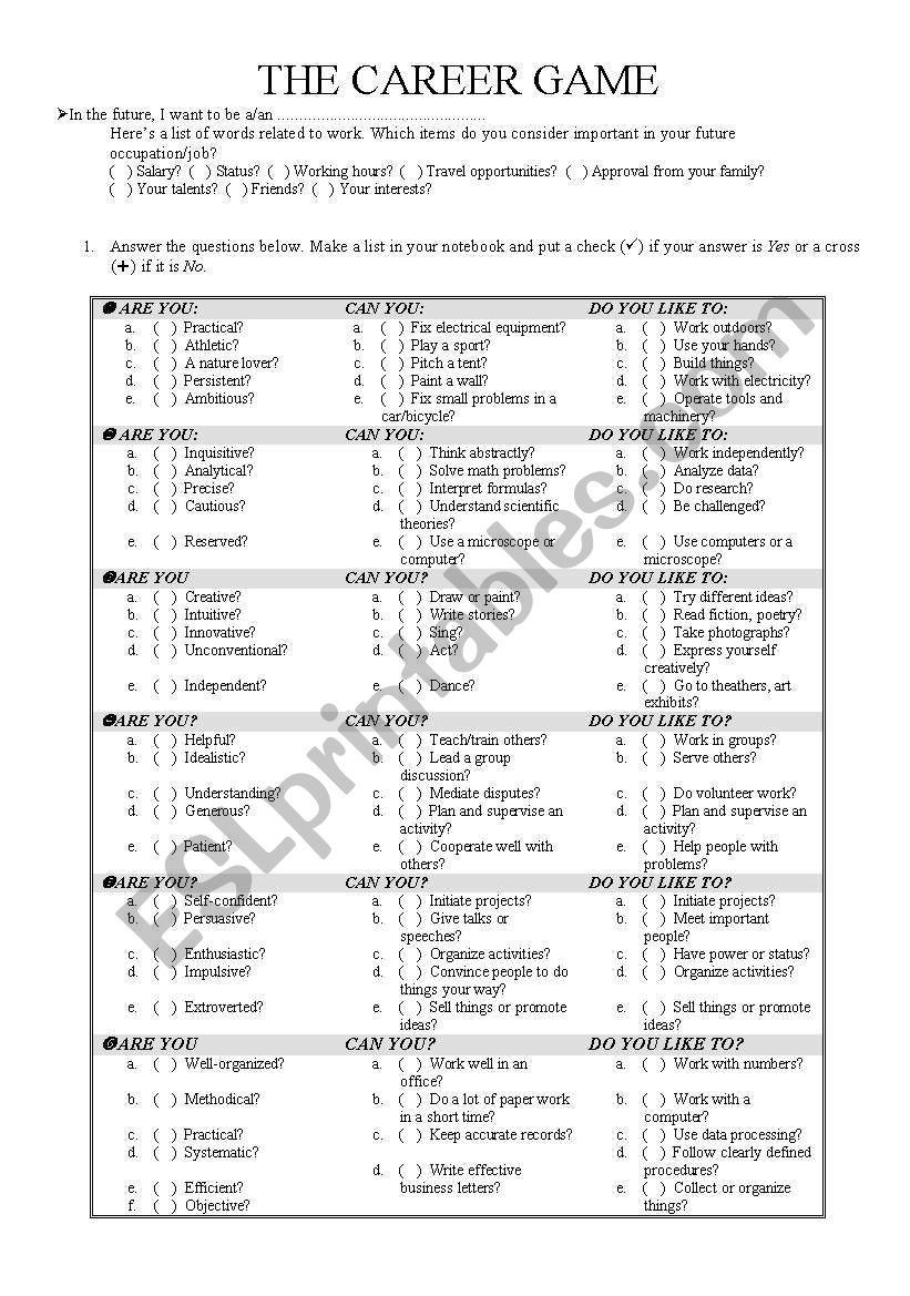 The Career Game worksheet