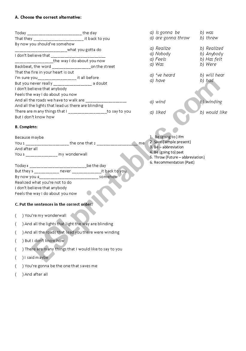 Wonderwall - Oaasis worksheet