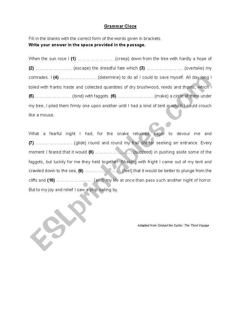 Grammar Cloze Passage worksheet