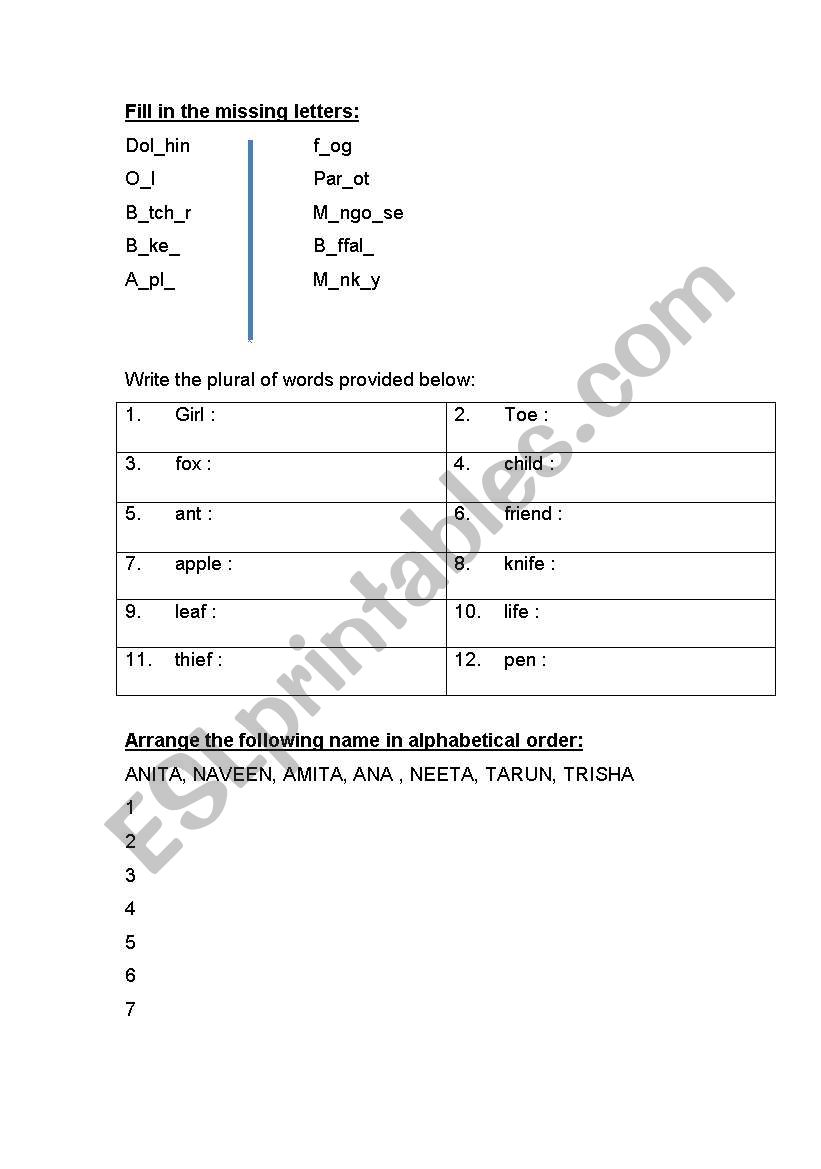 English sample worksheet