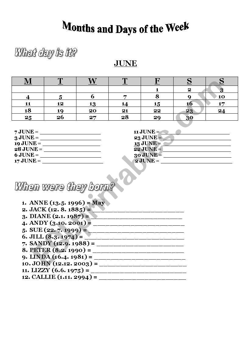 Months and Days of the Week worksheet