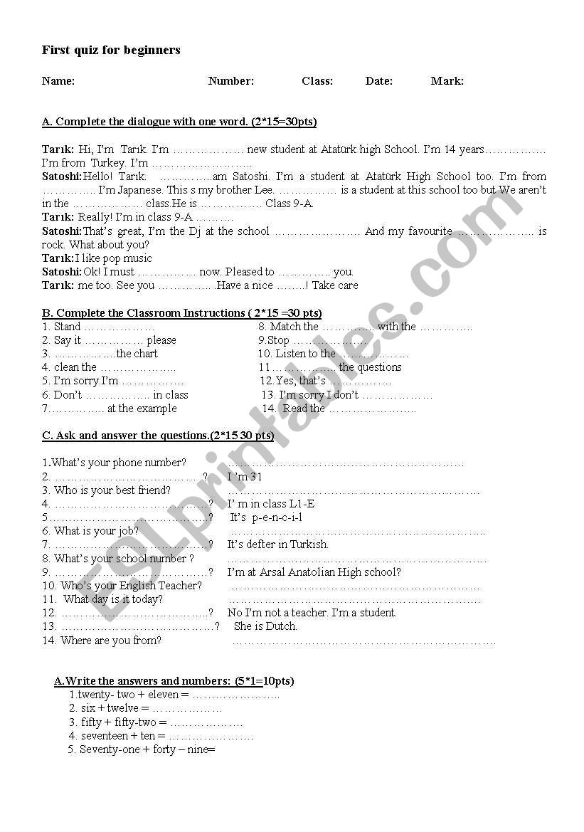 first quiz for beginners worksheet