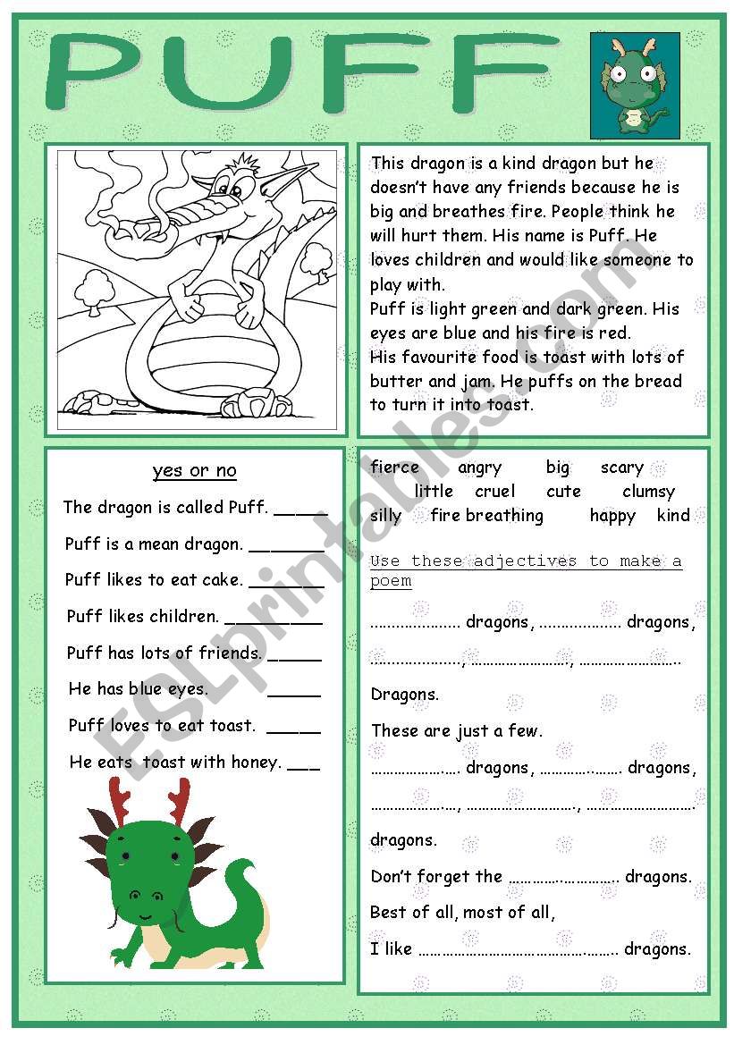 Puff the lonely dragon worksheet