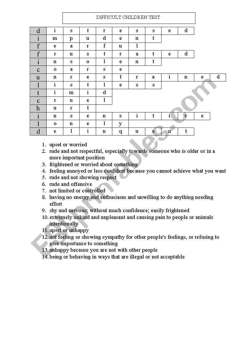 Difficult children test worksheet