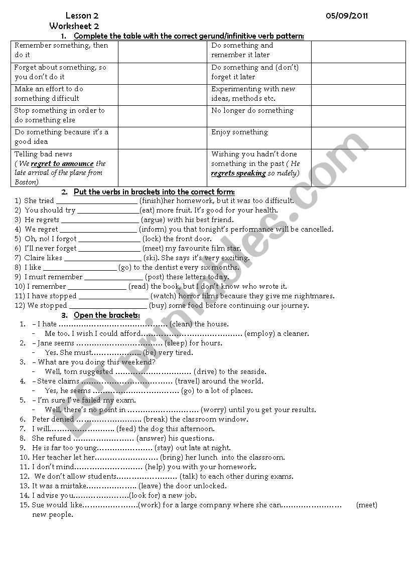 gerund/infinitive worksheet