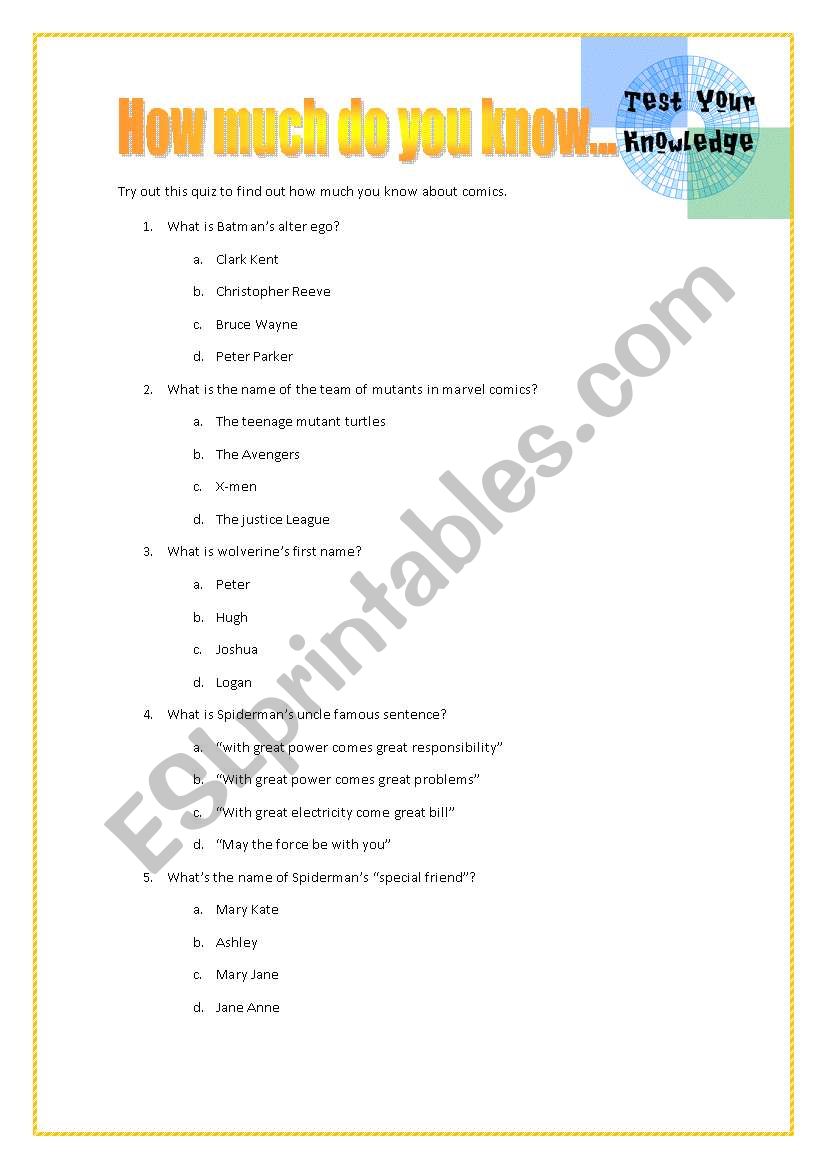 Superheroes quiz worksheet