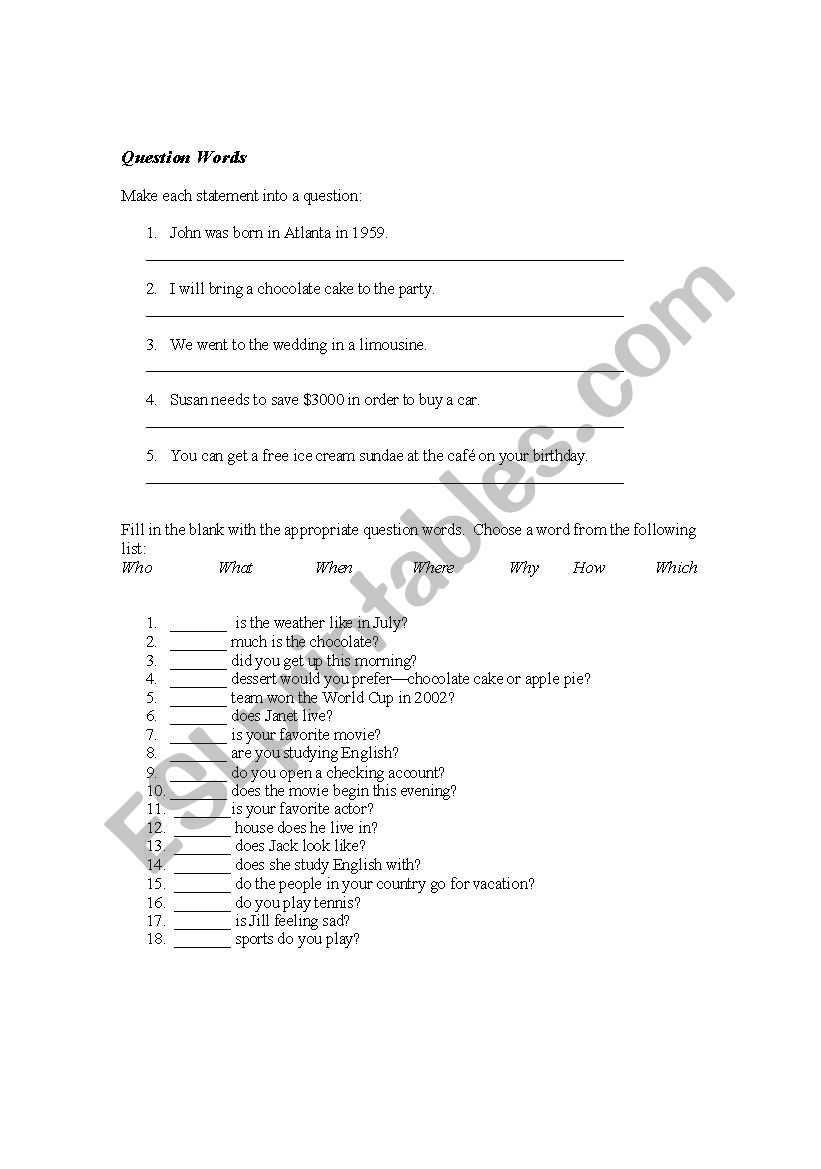 Question Words worksheet