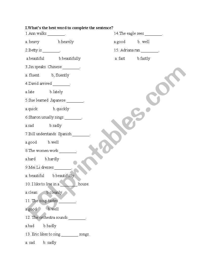 Adjective and adverbs worksheet