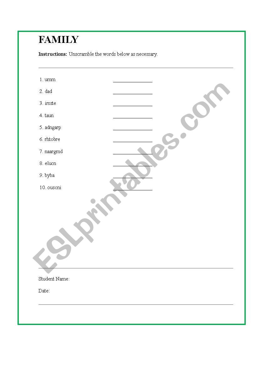 Family worksheet