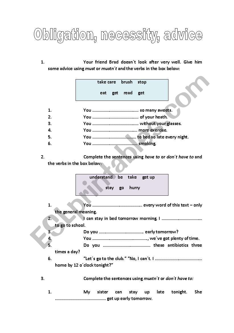 Obligation, necessity, advice worksheet