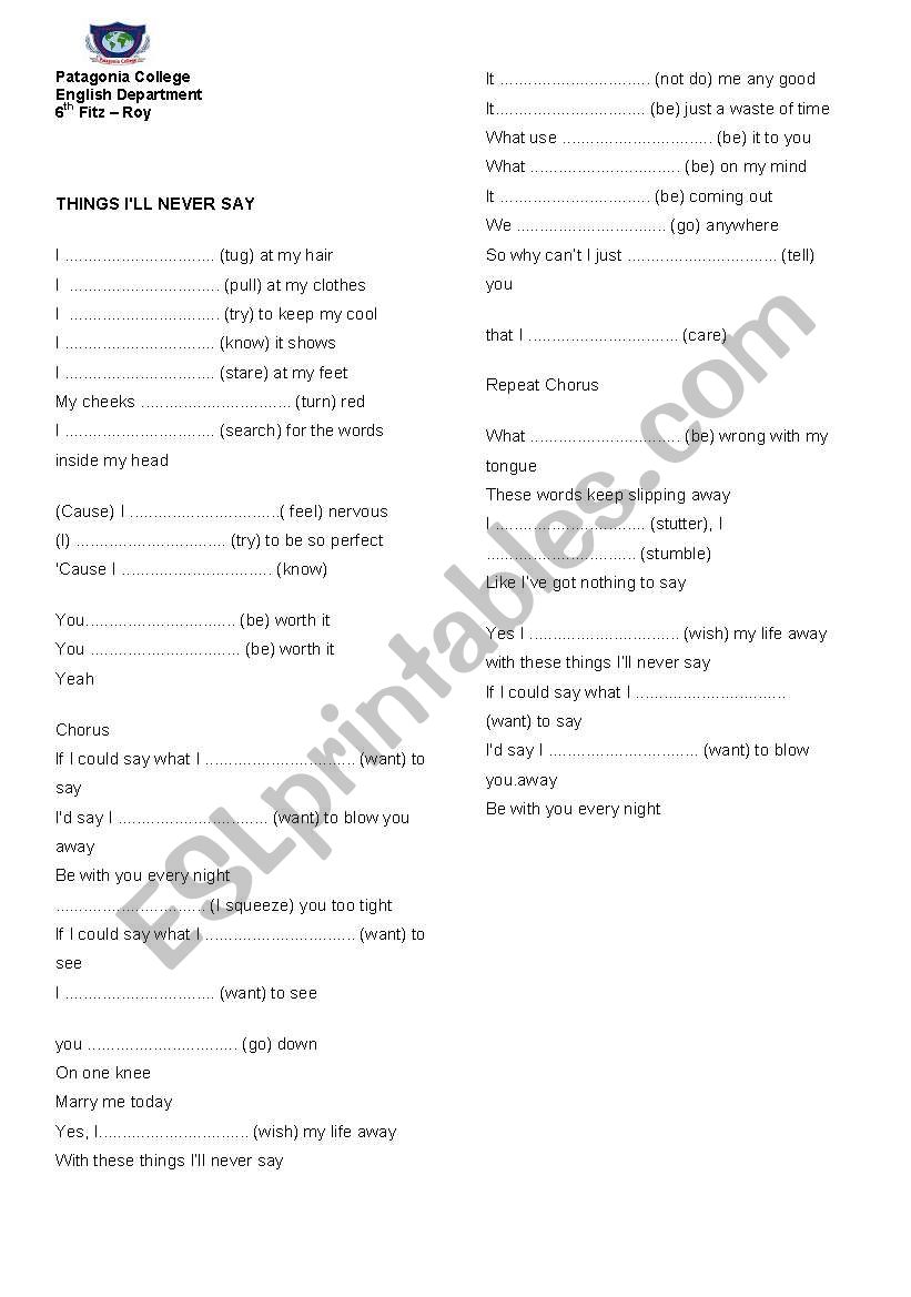Song Things I never say worksheet