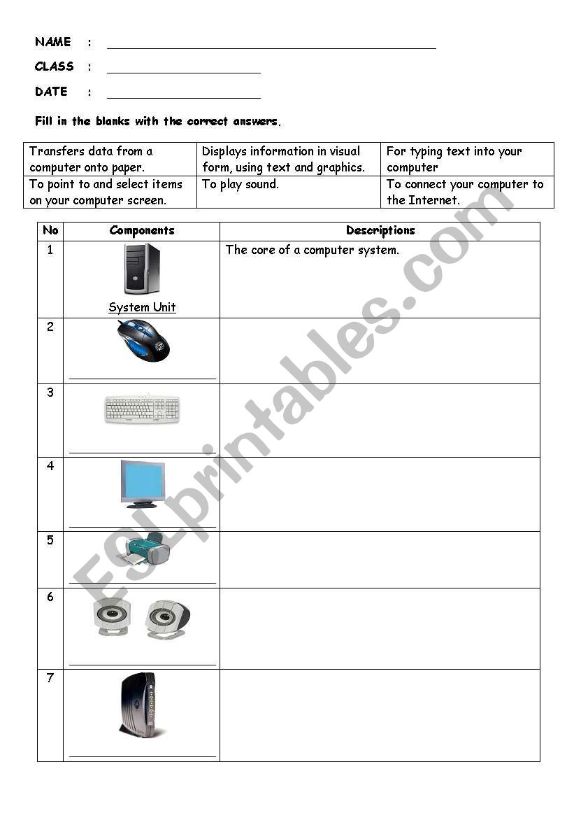 Parts of Computer worksheet