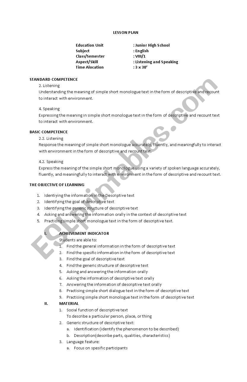 lesson plan of listening and speaking