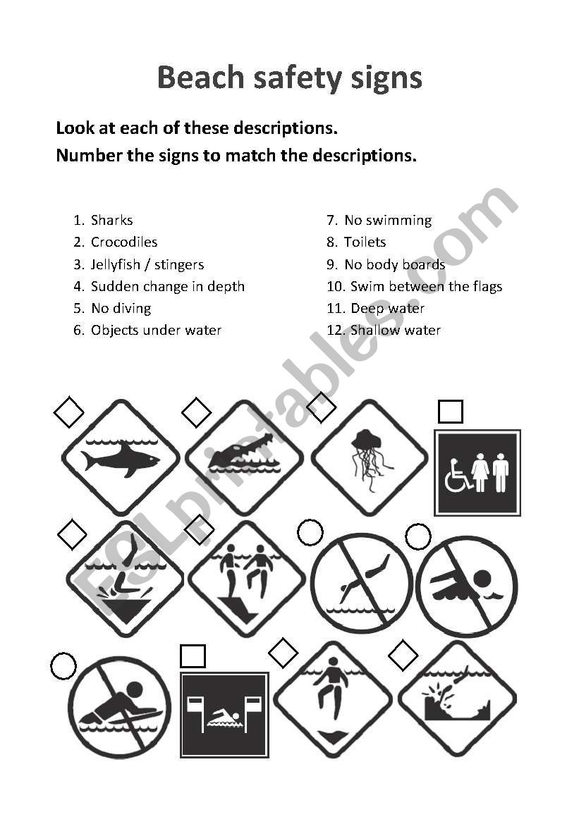 Beach safety signs worksheet