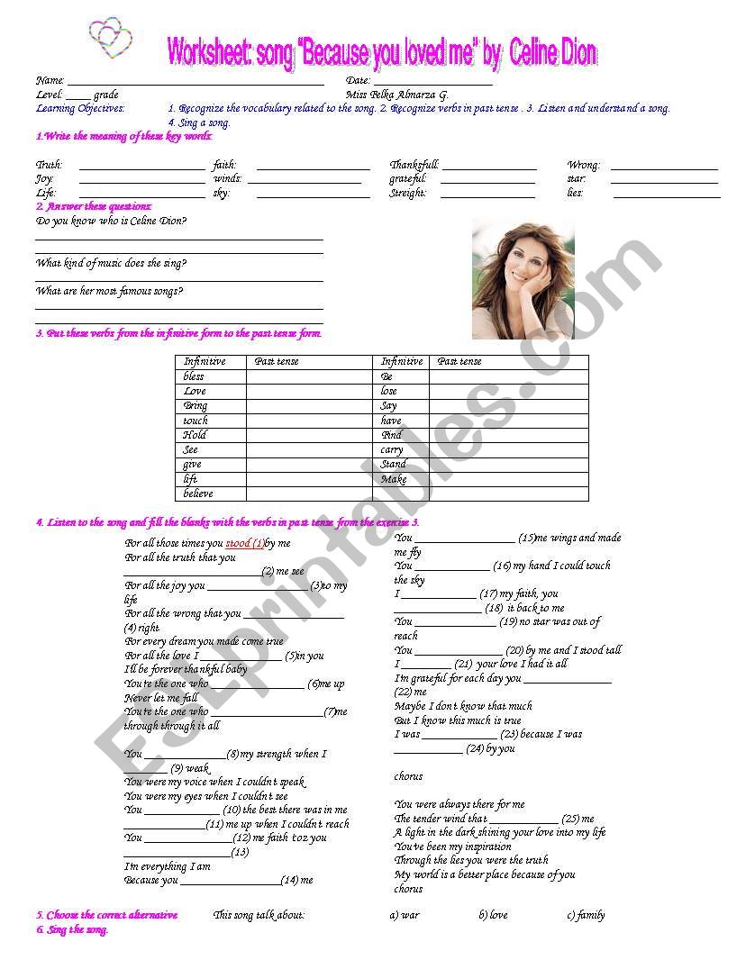 worksheet : song Because you loved me by Celine Dion
