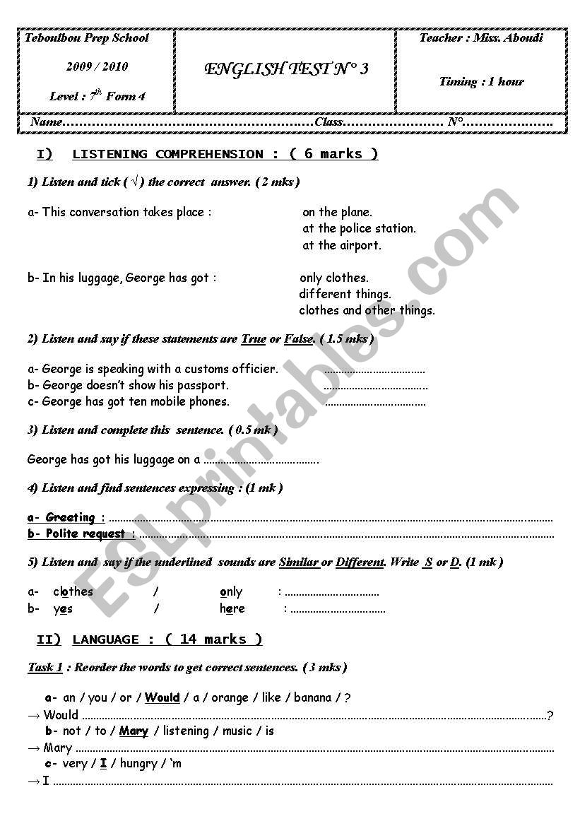  7th form English Test ( tunisian pupils )