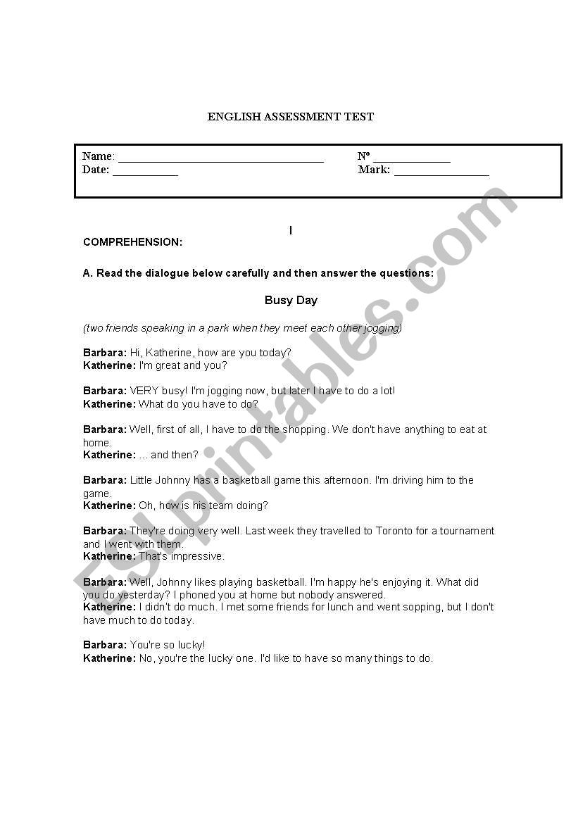 Test on giving directions worksheet