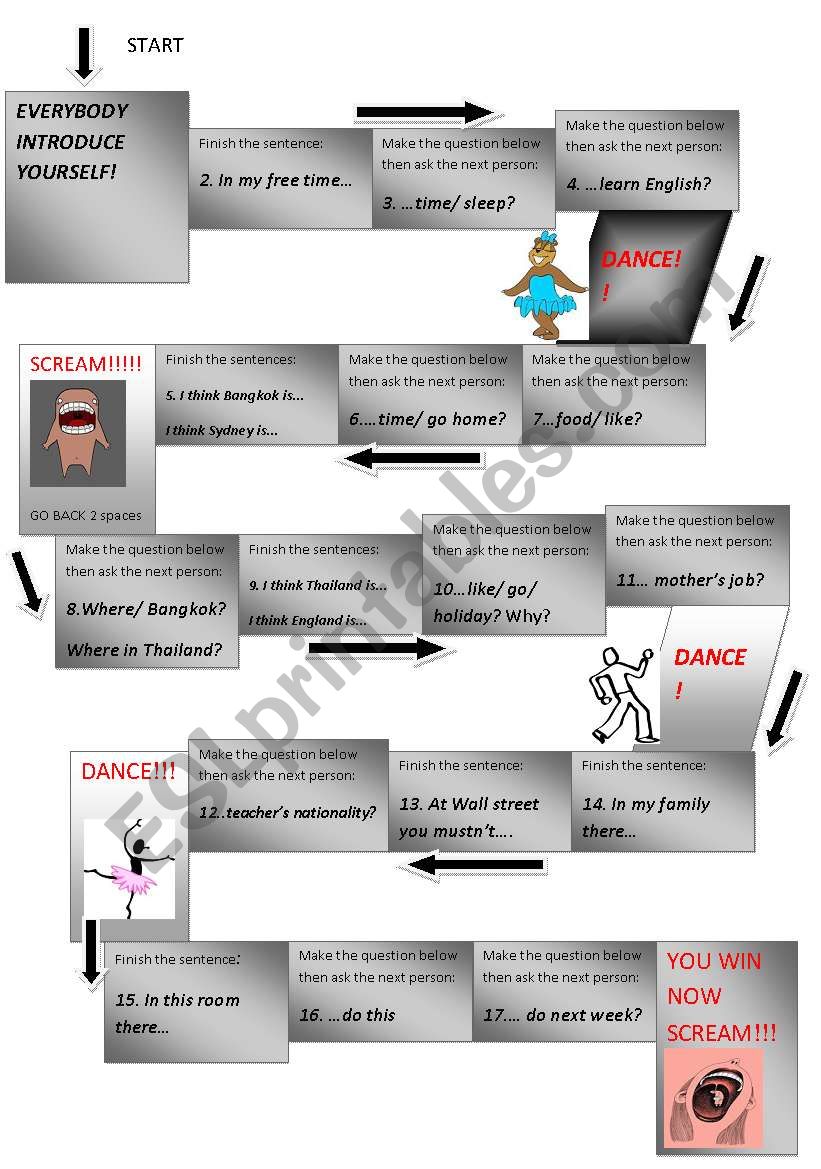 Dance or scream board game worksheet