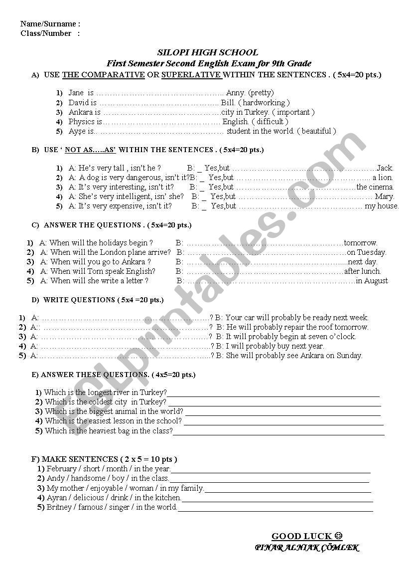 exam paper worksheet