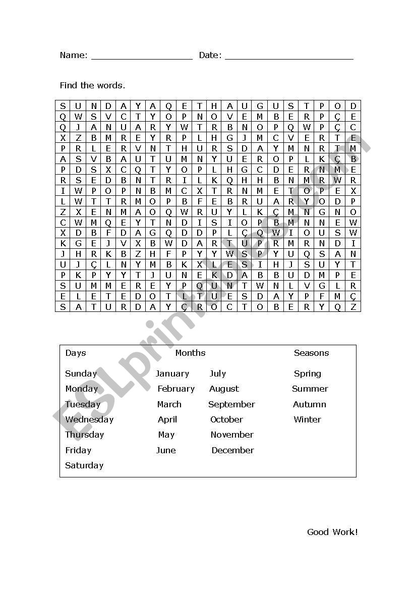 Wordsearch worksheet