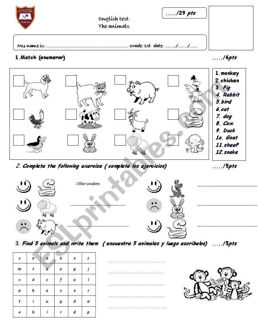 english test animals worksheet