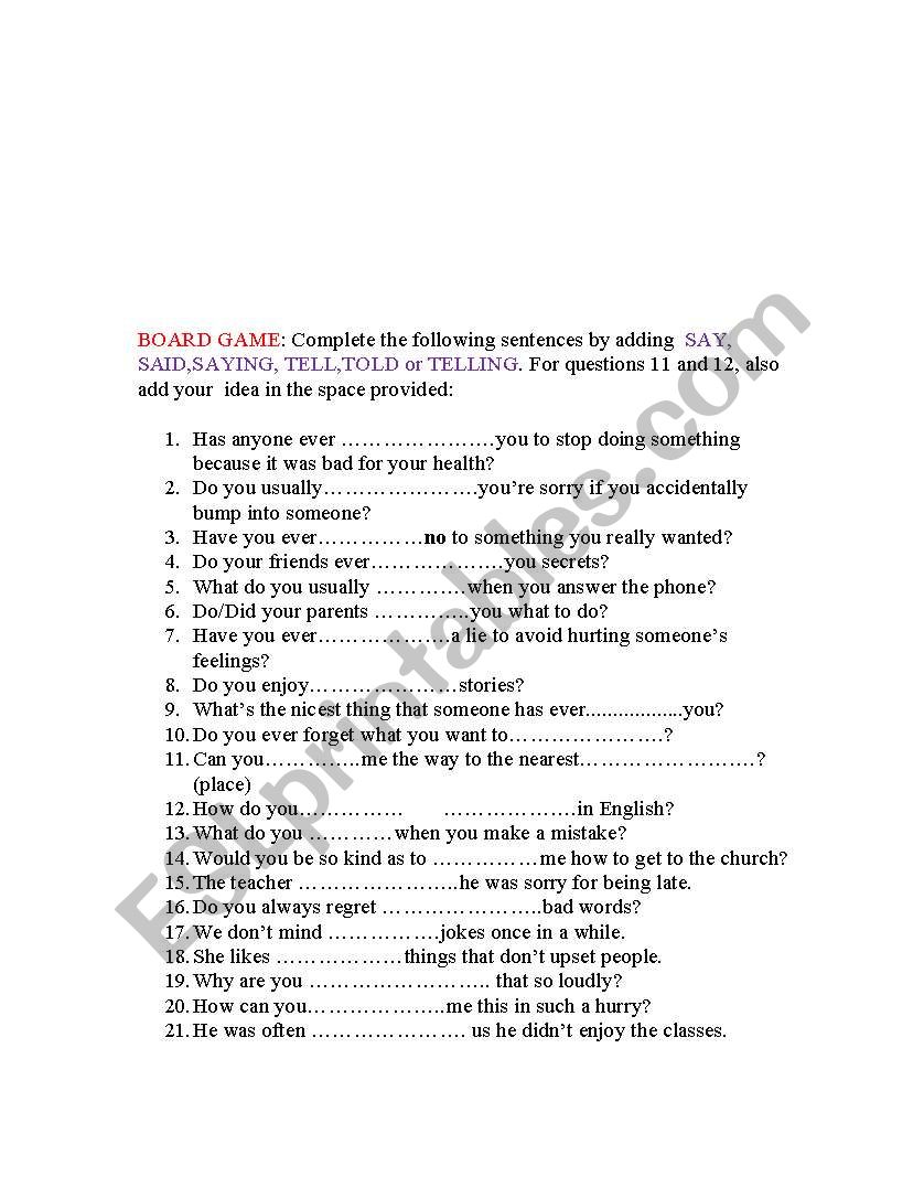 Board Game 2 worksheet