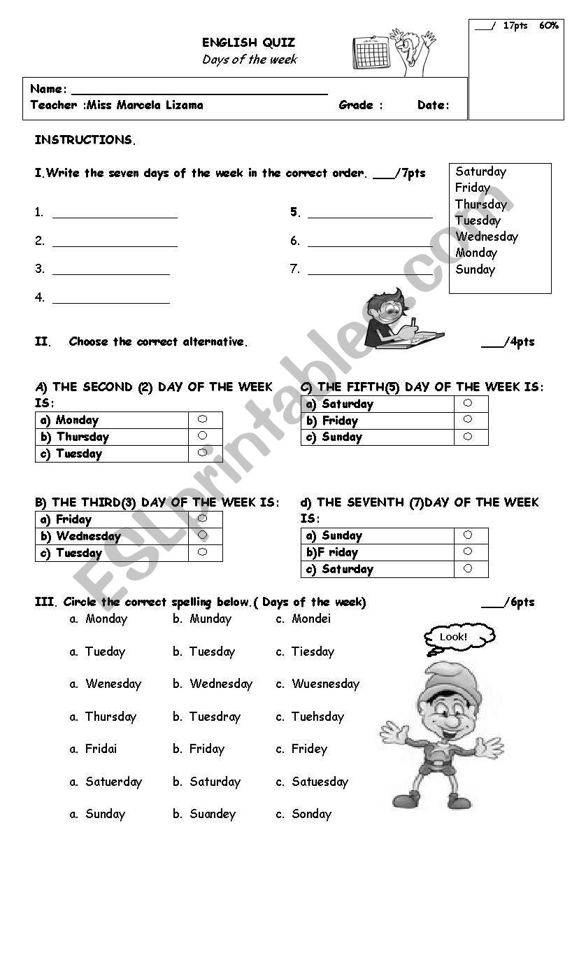 english test days of the week worksheet
