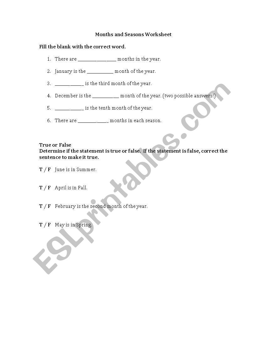 Months and Seasons Practice worksheet