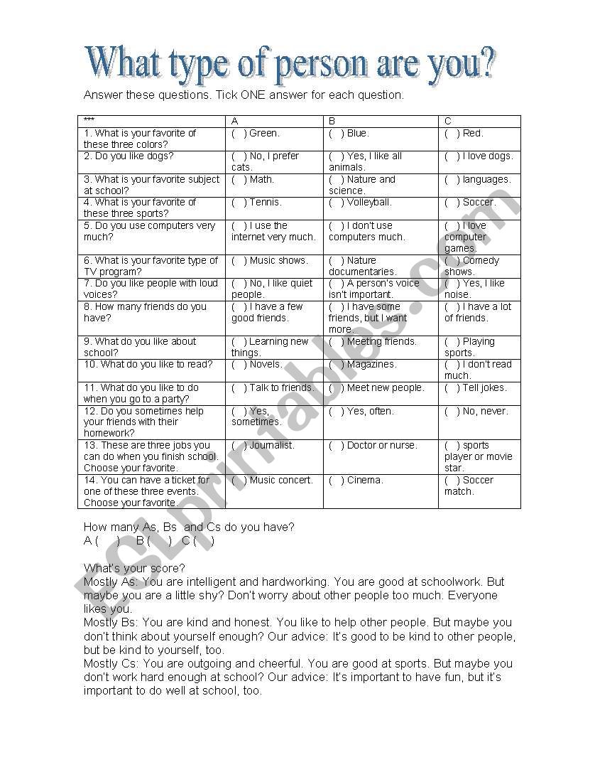 WHAT TYPE OF PERSON ARE YOU? worksheet