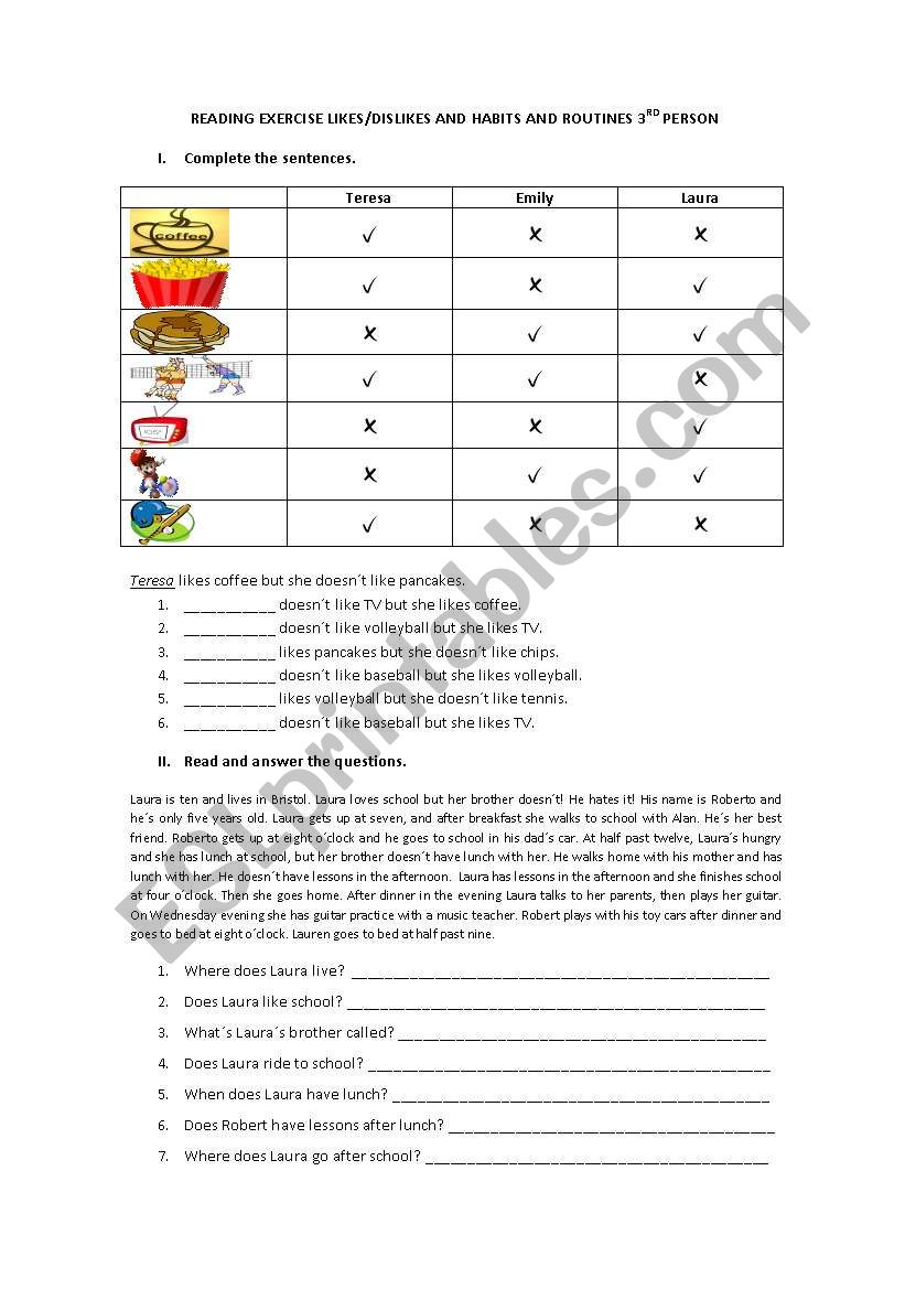 Reading Exercise Likes/Dislikes and Habits and Routines 3rd Person