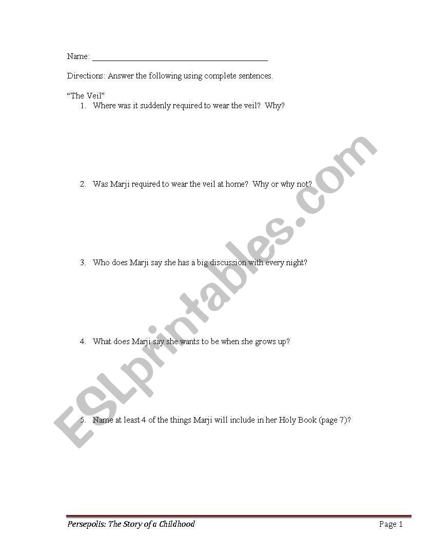 Persepolis Study Guide worksheet