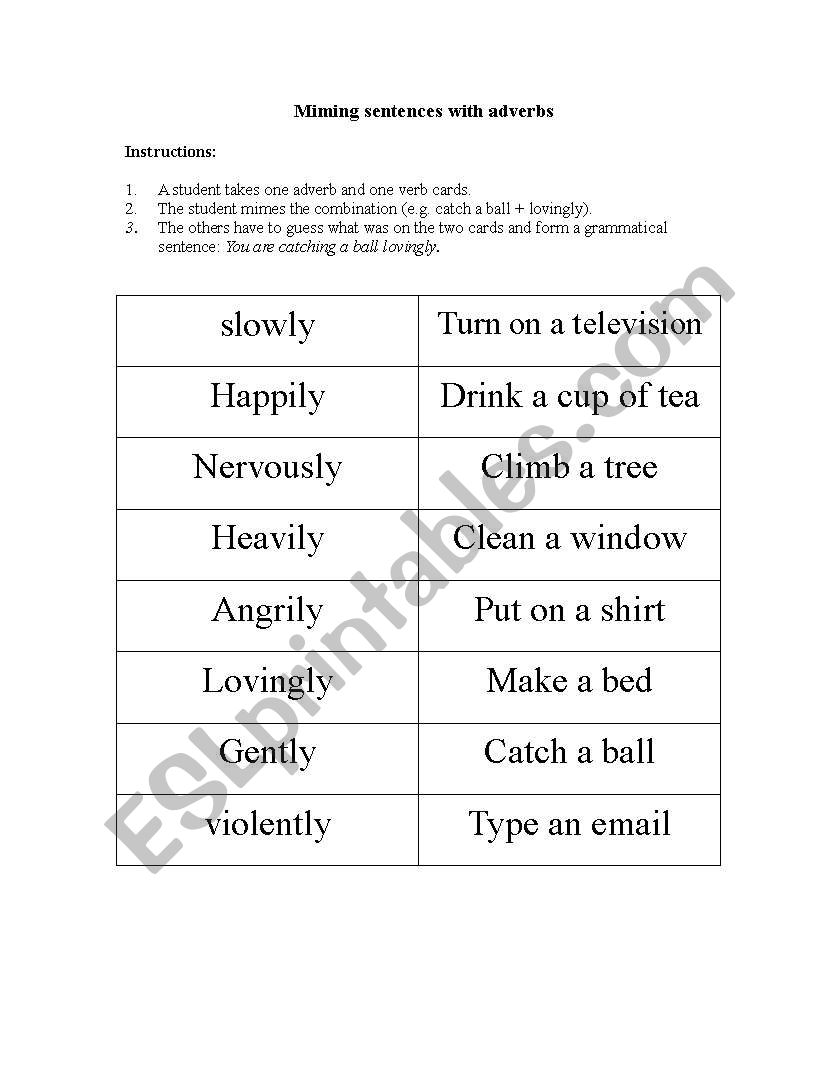 Miming sentences with adverbs worksheet