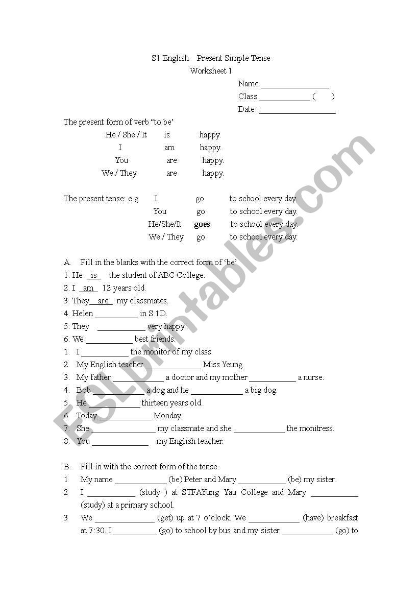 Simple present tense worksheet