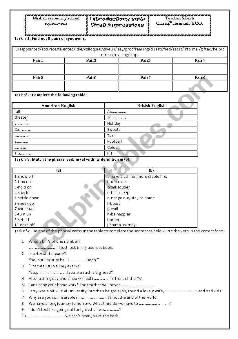 INTRODUCTORY UNIT/FIRST IMPRESSION