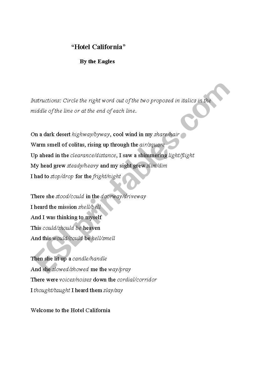 hotel california worksheet