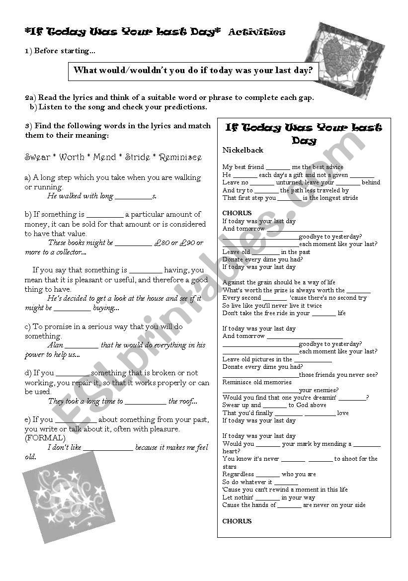 If today was your last day - worksheet